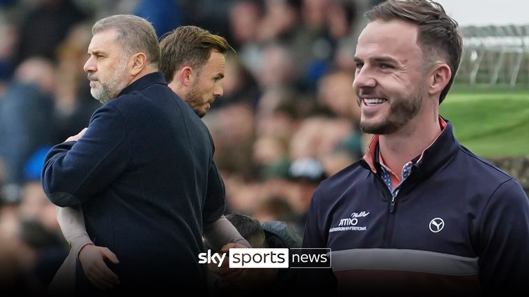 Tottenham&#39;s James Maddison is hugged by Tottenham&#39;s head coach Ange Postecoglou as he leaves the pitch during the English Premier League soccer match between Everton and Tottenham Hotspur, at the Goodison Park stadium, in Liverpool, England, Saturday, Feb. 3, 2024.