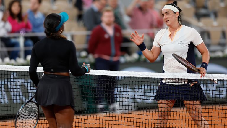 Tunisia's Ons Jabeur, right, and Sachia Vickery of the U.S. shake hands after their first round match of the French Open tennis tournament at the Roland Garros stadium in Paris, Monday, May 27, 2024. (AP Photo/Jean-Francois Badias)