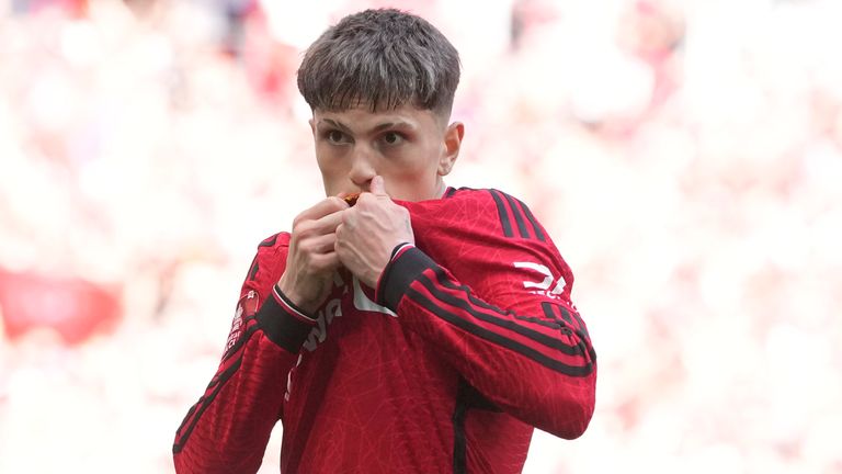 Alejandro Garnacho celebrates after scoring Manchester United's opening goal in the FA Cup final