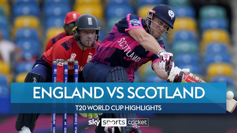 cotland&#39;s George Munsey plays a shot from a delivery of England&#39;s Moeen Ali during an ICC Men&#39;s T20 World Cup cricket match at Kensington Oval in Bridgetown, Barbados, Tuesday, June 4, 2024.