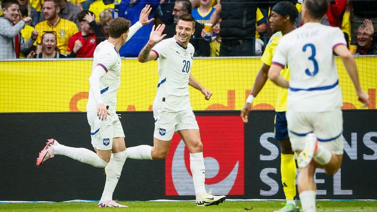 Sergej Milinkovic-Savic, second left, celebrates scoring against Sweden