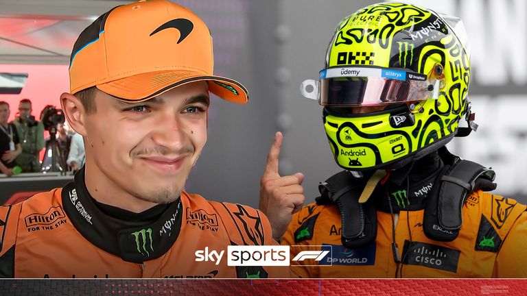 BARCELONA, SPAIN - JUNE 22: Lando Norris (4) of United Kingdom and team McLaren F1 Team signals winning pole position during qualifying on Saturday, June 22, 2024 at the Circuit De Catalunya in Barcelona, Spain. 