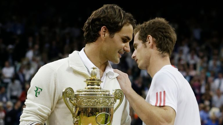 Andy Murray of Britain Roger Federer of Switzerland..during the men's singles final match at the All England Lawn Tennis Championships at Wimbledon, England, Sunday, July 8, 2012. (AP Photo/Kirsty Wigglesworth) 