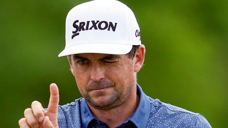 FILE - Keegan Bradley lines up a putt on the first hole during the third round of the PGA Championship golf tournament at the Valhalla Golf Club, Saturday, May 18, 2024, in Louisville, Ky. Bradley was selected as U.S. Ryder Cup captain for 2025, The PGA of America announced Monday, July 8, 2024. (AP Photo/Sue Ogrocki, File) 