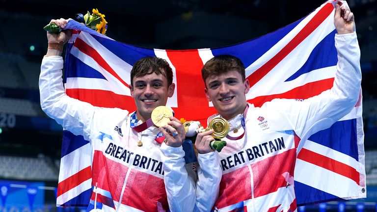 Tom Daley claimed his first gold medal, after back-to-back bronze medals at London 2012 and Rio 2016, alongside his synchro partner Matty Lee (right)