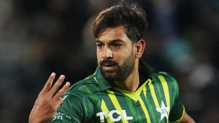 Pakistan fast bowler Haris Rauf celebrates taking the wicket of Jos Buttler (PA Images)