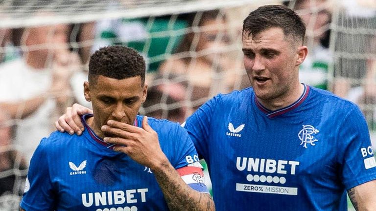 GLASGOW, SCOTLAND - MAY 11: Rangers&#39; James Tavernier and John Souttar look dejected during a cinch Premiership match between Celtic and Rangers at Celtic Park, on May 11, 2024, in Glasgow, Scotland. (Photo by Alan Harvey / SNS Group)