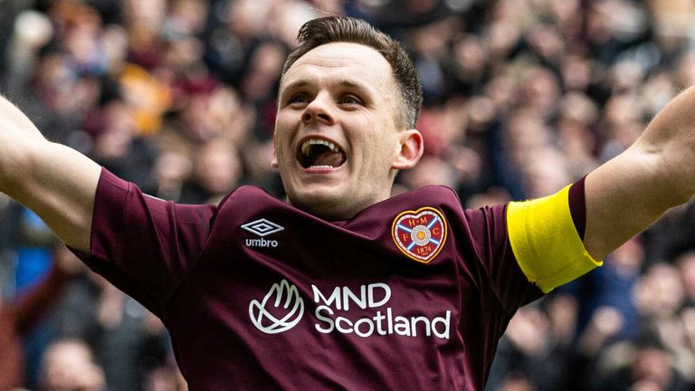 Lawrence Shankland celebrates after finding the back of the net against Celtic