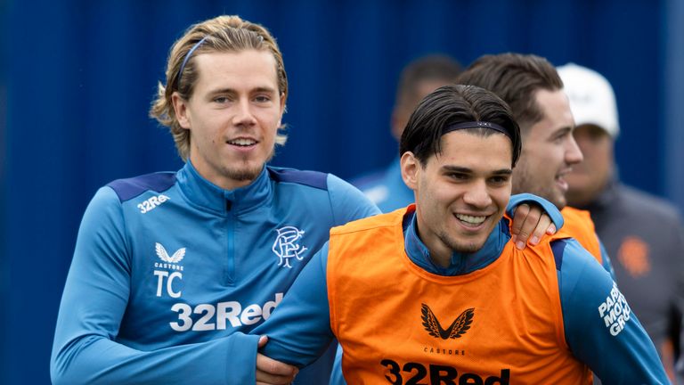 GLASGOW, SCOTLAND - JULY 04: Todd Cantwell (L) and Ianis Hagi during a Rangers training session at the Rangers Training Centre on July 04, 2023, in Glasgow, Scotland. (Photo by Craig Foy / SNS Group)