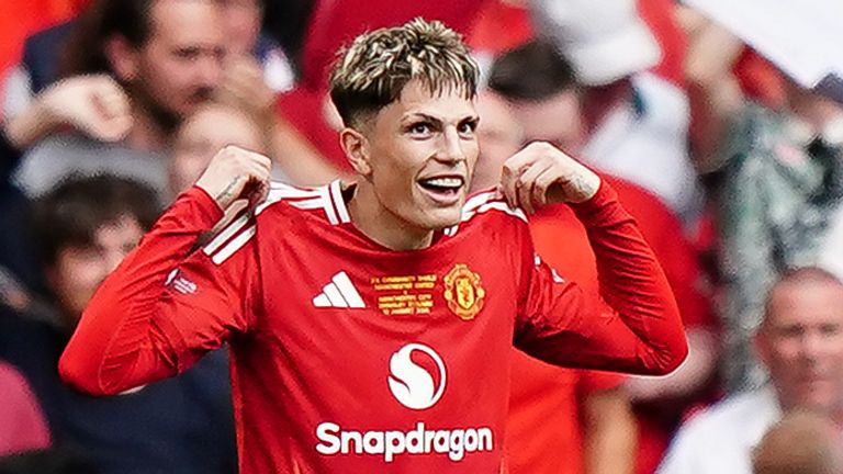 Alejandro Garnacho celebrates after giving Manchester United the lead in the Community Shield