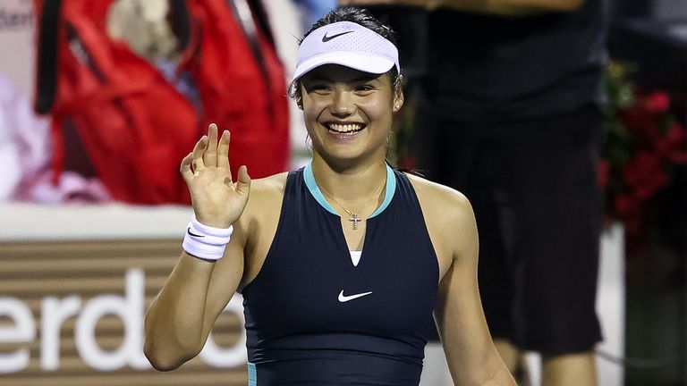 WASHINGTON, DC - JULY 29: Emma Raducanu celebrates after winning the match against Elise Mertens during day 3 of the Mubadala Citi DC Open 2024 at William H.G. FitzGerald Tennis Center on July 29, 2024 in Washington, DC. (Photo by Scott Taetsch/Getty Images)