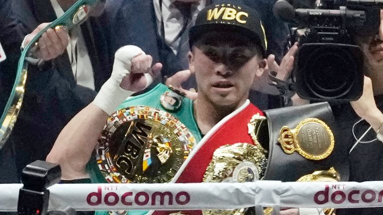 Naoya Inoue of Japan celebrates his knockout win over Luis Nery