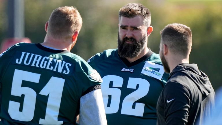 Philadelphia Eagles center Jason Kelce (62) speaks with center Cam Jurgens (51) during an NFL football Super Bowl team practice, Wednesday, Feb. 8, 2023, in Tempe, Ariz. The Eagles will face the Kansas City Chiefs in Super Bowl 57 Sunday. (AP Photo/Matt York)