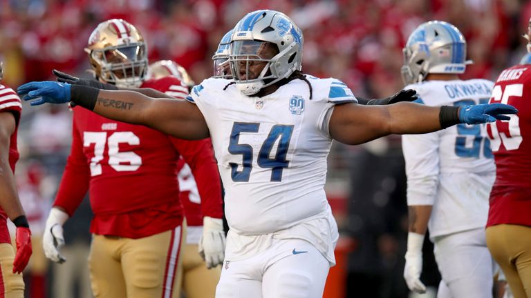 Detroit Lions defensive tackle Alim McNeill (54) gestures after a missed field goal during the NFC Championship NFL football game against the San Francisco 49ers in Santa Clara, Calif., Sunday, Jan. 28, 2024. (AP Photo/Scot Tucker)