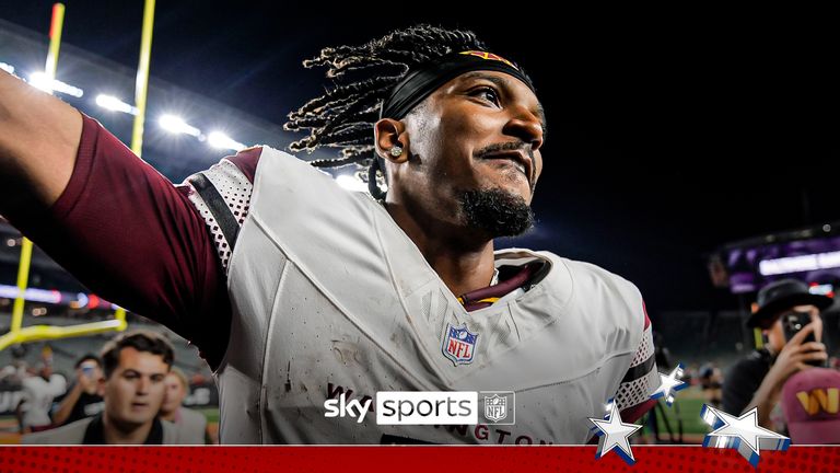 Washington Commanders quarterback Jayden Daniels (5) greets fans as he walks off the field after an NFL football game against the Cincinnati Bengals, Monday, Sept. 23, 2024, in Cincinnati. The Commanders won 38-33.