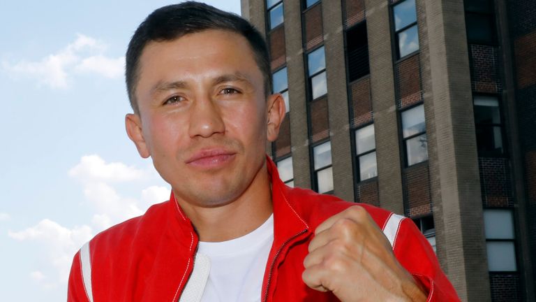 Kazakhstan's Gennady Golovkin poses for photos after a news conference at New York's Madison Square Garden, Thursday, Aug. 22, 2019. (AP Photo/Richard Drew)