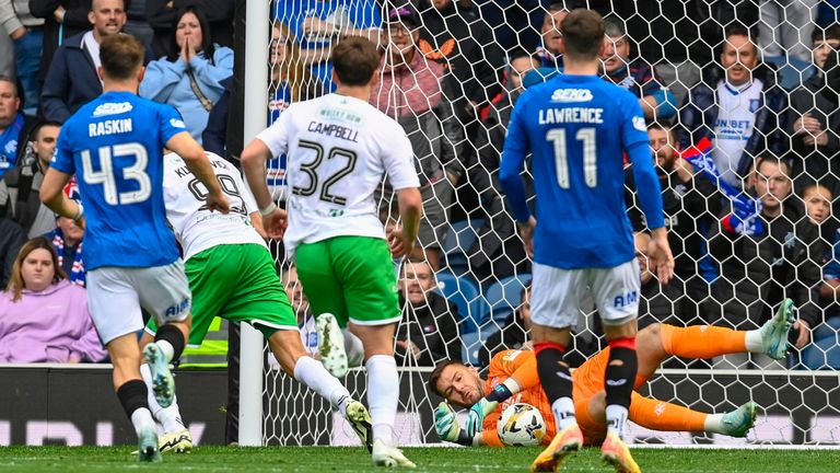 Hibernian's Mykola Kukharevych has a penalty saved by Rangers' Jack Butland