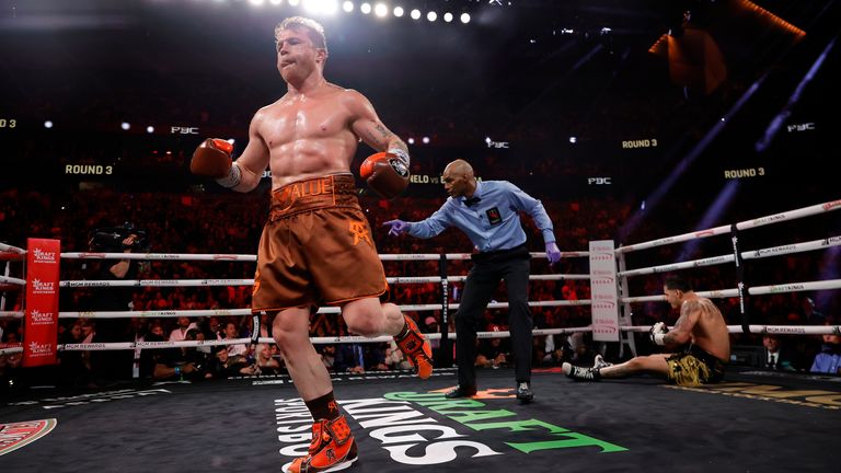 Canelo Alvarez drops Edgar Berlanga early in the fight (Photo: Rey Del Rio/Premier Boxing Champions)
