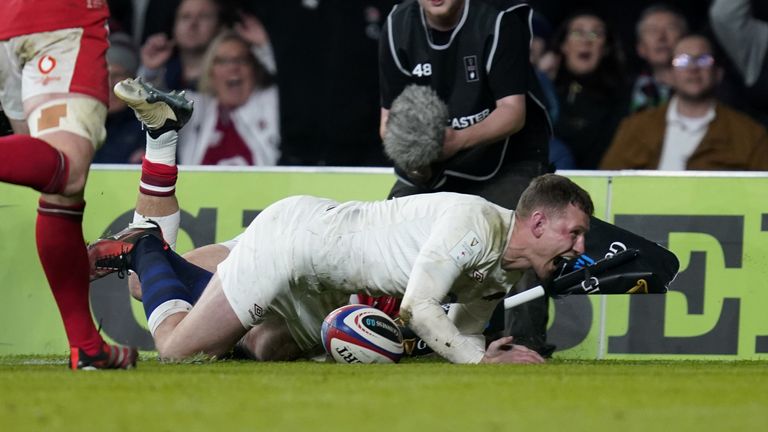 England's Fraser Dingwall scoring his sides second try during the Guinness Six Nations match at Twickenham Stadium, London. Picture date: Saturday February 10, 2024.